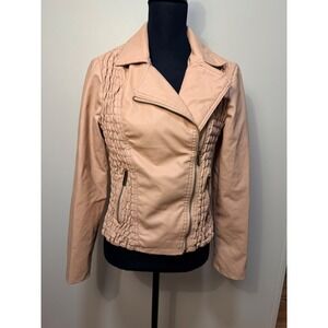 New Look Moto Jacket Size L Faux Leather Smocked Blush Pink Biker Zip